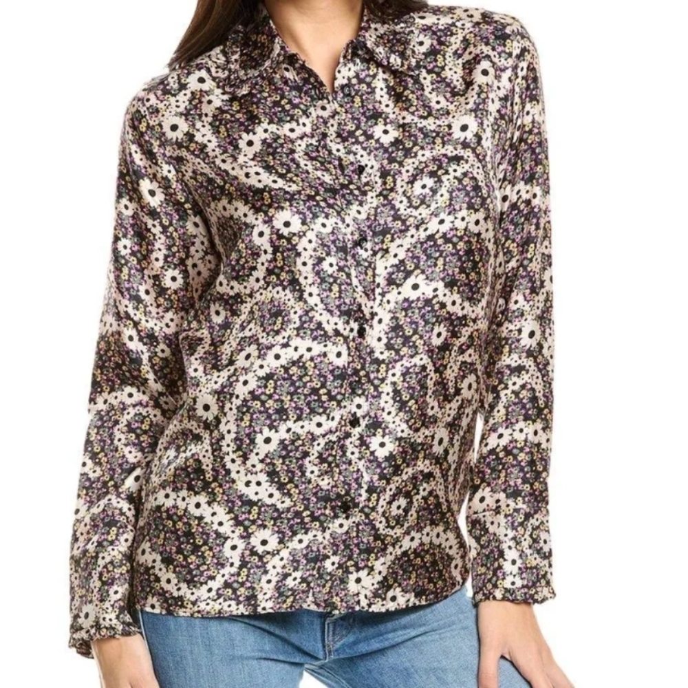 SANDRO black floral paisley beige silk blouse button up Medium c1